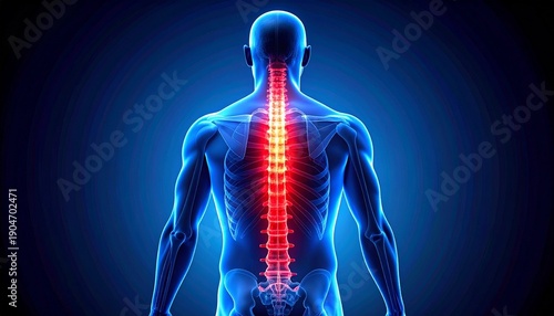 Digital rendering of human figure viewed from back, translucent blue body with spine illuminated in glowing red, emphasizing vertebral column and potential pain or inflammation focus.