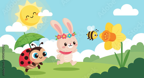 Cartoon Ladybug Bunny and Bee Together.