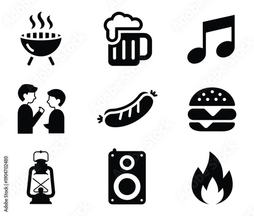 Barbecue icons in bold style featuring grill beer sausage burger fire music and friends summer party concepts