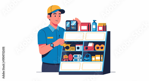 Convenience Store Clerk Arranging Products On The Shelf Illustration