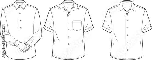 Men shirt line art set, long sleeve and short sleeve button shirts, clothing outline collection, apparel template, isolated vector illustration