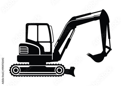 Black vector illustration of a compact excavator with an extended arm