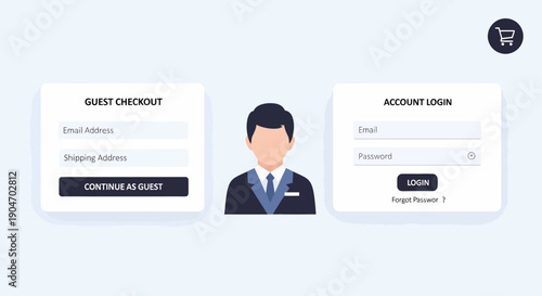 E-Commerce Interface With Guest Checkout And Account Login Options