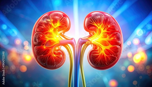 Detailed anatomical illustration of human kidneys with internal structures visible, right kidney highlighted in glowing red and yellow to indicate inflammation or medical condition, blurred clinical b