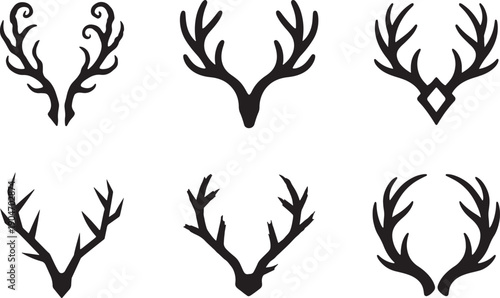 Black silhouettes of different deer horns icon set with clean shapes for wildlife and rustic design