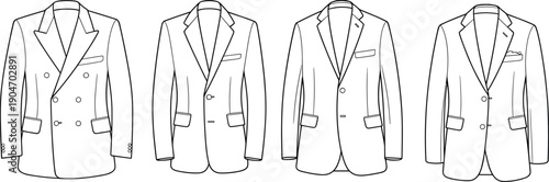 Men's suit jacket line art illustration set featuring double breasted and single breasted blazer styles fashion outline vector design collection