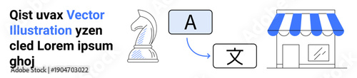 Language translation, strategy planning, branding, business localization, communication, learning. Chess knight, text translation symbol leading to storefront icon. Language translation and strategy