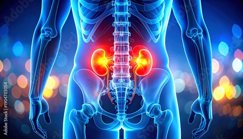 Digitally rendered anatomical illustration of human pelvic region viewed posteriorly, skeletal structure with spine, pelvis, sacrum, and femur bones, hip joints glowing red to indicate inflammation or