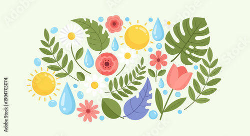 Colorful Flowers and Leaves Illustration.