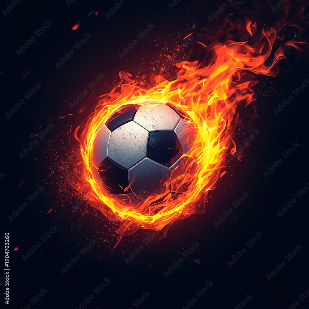 Naklejka premium A dynamic and abstract depiction of a soccer ball engulfed in vibrant flames on dark background, symbolizing passion, power, and the intensity of game