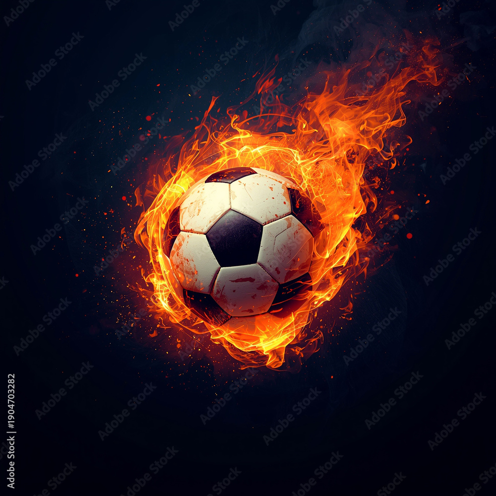 Fototapeta premium A dynamic and abstract depiction of a soccer ball engulfed in vibrant flames on dark background, symbolizing passion, power, and the intensity of the game