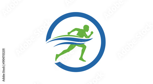 Dynamic green runner silhouette inside a blue circular logo with wave elements, representing fluidity and athleticism on an isolated white background.
