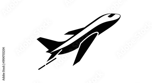 Sleek black silhouette of an airplane taking off and soaring into the sky on an isolated white background.