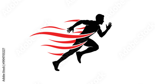 Silhouette of a male athlete running fast with dynamic red speed trails on an isolated white background.