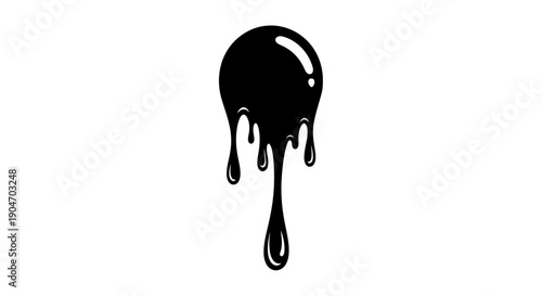 Viscous Black Liquid Dripping Downwards, forming droplets, in an isolated white background, symbolizing viscosity and flow.