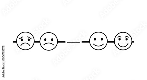 Progression of Emotions from Sad to Happy Smiley Faces on a Line, in an isolated white background, depicting customer satisfaction and feedback.