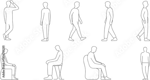 Minimalist human figure outline set, walking and sitting poses, vector style people silhouettes, isolated, line art, body language illustration collection