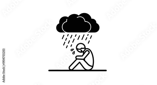 Distressed Stick Figure Person Sitting Under Rain Cloud, hunched over with sadness, in an isolated white background, conveying loneliness and depression.