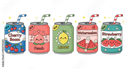 “Cute Kawaii Fruit Soda Can Set with Cherry, Peach, Lemon, Watermelon and Strawberry, Colorful Cartoon Illustration Collection, isolated on a transparent background”