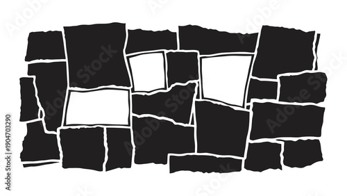 Black stone wall with rough edges and white background