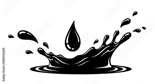 Dynamic Black Liquid Droplet Falling and Splashing into a Pool, Creating a Crown Effect, in an isolated white background, symbolizing impact.