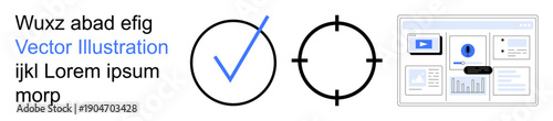 Verification, analytics, decision-making, focus, quality control, data visualization. Blue checkmark, target symbol dashboard elements. Verification and analytics concepts with digital focus