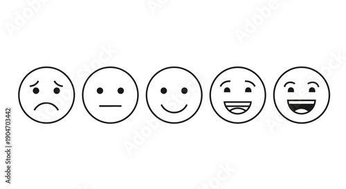 Set of Five Emoji Faces Displaying Range of Emotions, isolated white background
