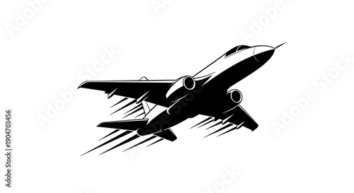 Sleek Jet Airplane Flying Fast, isolated white background