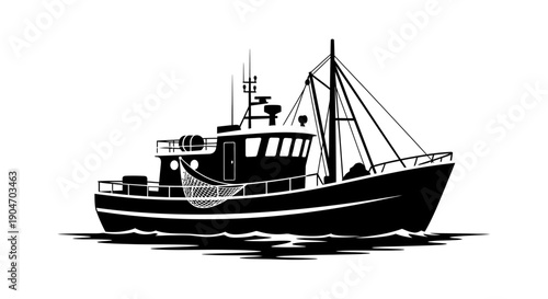 Traditional Fishing Boat Silhouette with Masts and Nets, isolated white background