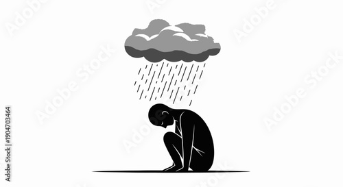 Depressed Stick Figure Sitting Under Rain Cloud, isolated white background
