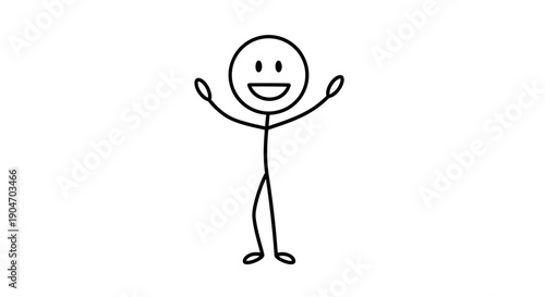 Cheerful Stick Figure with Open Arms and Smiling Face, isolated white background
