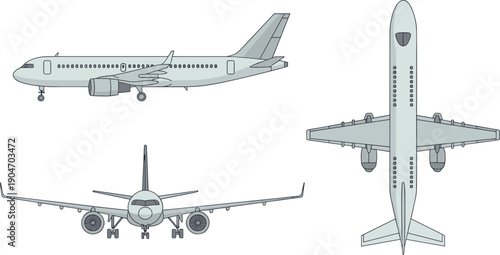 Passenger airplane illustration set isolated on white background, commercial aircraft front side top views for aviation transport vector design
