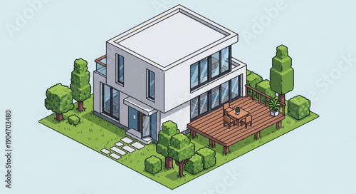 Modern Isometric House with Deck and Garden.