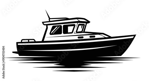 Stylized black and white illustration of a modern motorboat or yacht on water, depicting recreational boating, on an isolated white background.