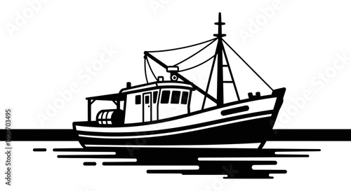 Traditional fishing boat or trawler in black and white, depicting a maritime vessel, on an isolated white background.