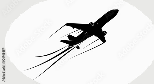 Dynamic black silhouette of an airplane flying upwards with speed lines, symbolizing swift travel and progress, in bright studio.