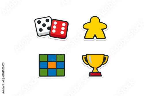 Board game pieces are displayed on a surface, including dice, a player token, a puzzle, and a trophy, creating a sense of fun and competition