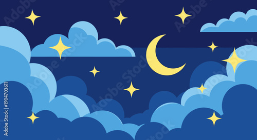 Crescent Moon with Stars and Clouds.