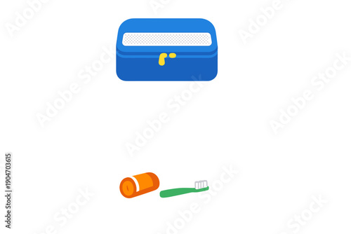 Storage box with toothbrush and rolled towel on white background for personal care or travel essentials