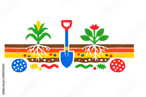 Understanding soil layers and plant growth through a colorful representation of roots, plants, and tools in an educational setting for gardening