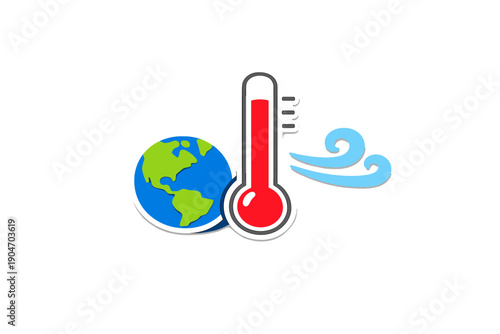 Global warming and temperature rise represented with earth, thermometer, and wind symbols in simple design