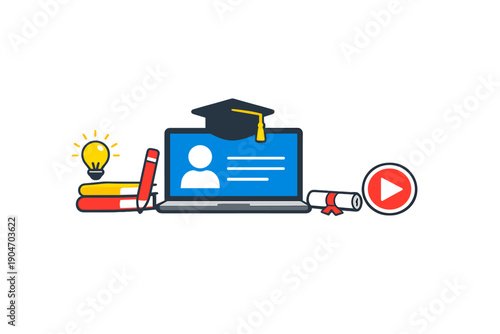 Online learning activity with a laptop, books, and graduation elements in a digital education setting during daytime