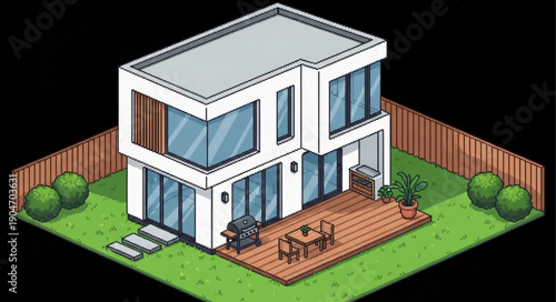 Modern Isometric House with Deck and Garden.