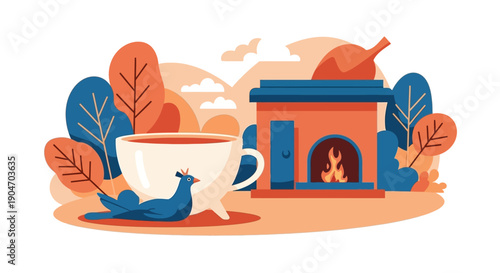 Cup of Coffee or Tea beside Fireplace.