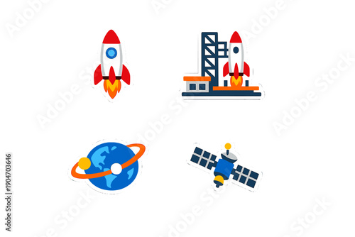 Rocket launching from a space center with Earth and satellite icons