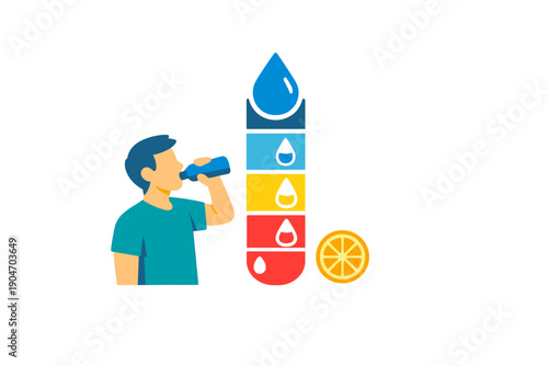 Man drinks water and checks hydration level with graphic showing a water meter next to lemon slice in a simple design