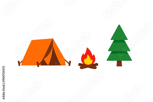 Camping setup with a tent, campfire, and tree in a woodland area during daytime