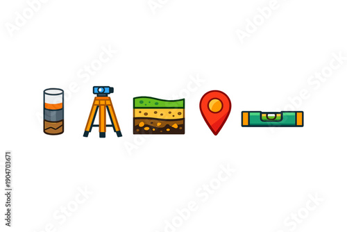 Construction tools are arranged in a row and include a soil sample, a level, a total station, a map marker, and layers of earth showing different soil types