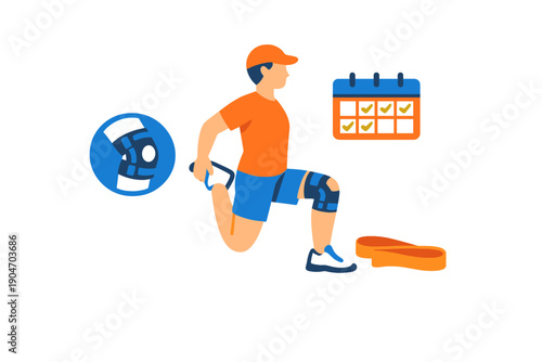 Person performs lunges with resistance band while following a workout schedule in a bright and simple design