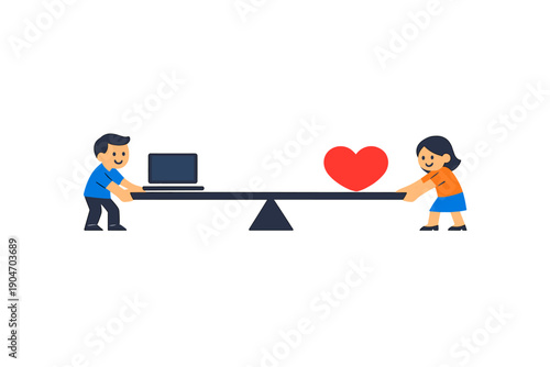 Balancing work and love in a playful scene with two characters pulling a seesaw, one holding a laptop and the other holding a heart symbol
